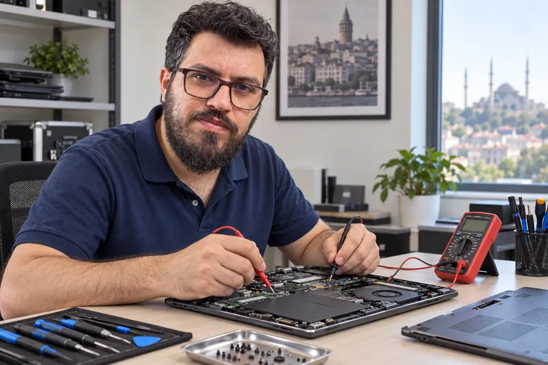 Teknisyenin iş yerinde laptopun arızasını ölçüm cihazıyla incelediği temsili görsel