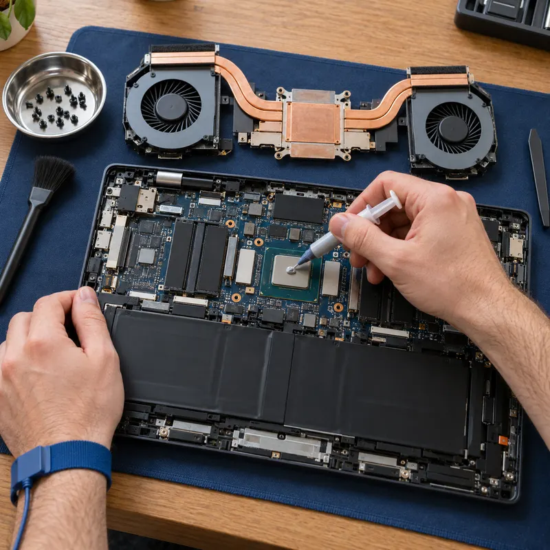 Laptop işlemcisine termal macun uygulaması ve fan bakımını anlatan temsili görsel