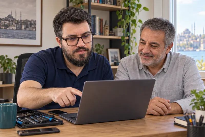 Teknisyenin erkek müşteriye onarım sonrası çalışan laptopu anlattığı temsili görsel