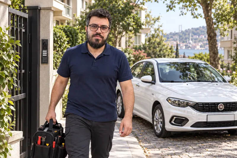 Beyaz Fiat Egea sedan aracının yanında, takım çantasıyla Üsküdar’da site girişine gelen teknisyen; temsili görsel